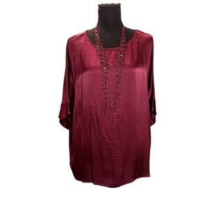 Chicos Women Maroon Blouse Front100% Silk, Back Lyocell blend Dolmon Sleeves